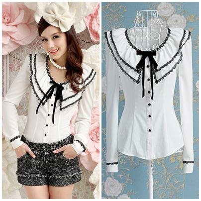 Free shipping black lace patchwork ruffles full sleeve ladies casual slim blouses shirts 2013 design hot selling