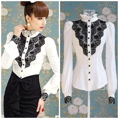 Free shipping black lace patchwork ruffles puff sleeve ladies casual slim working blouses shirts 2013 design hot selling