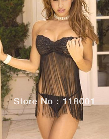 free shipping black lace tassel sexy nightgrow or robe