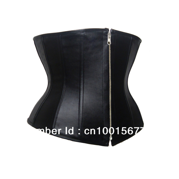 Free Shipping Black Lace up Faux Leather Corset Bustier Underbust Zipper Goth Boned Top S-2XL