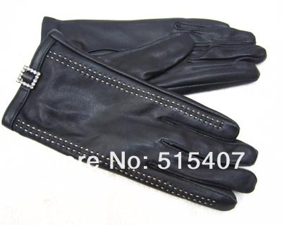 Free shipping black ladies 100% sheep nappa real leather gloves with white stitching