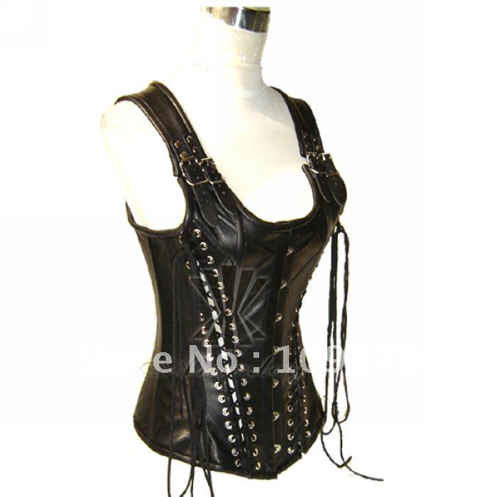 Free Shipping! Black Leather Corset Luxury Strap Tight Lacing  Authentic Cowhide Steel Boned Overbust  Corset