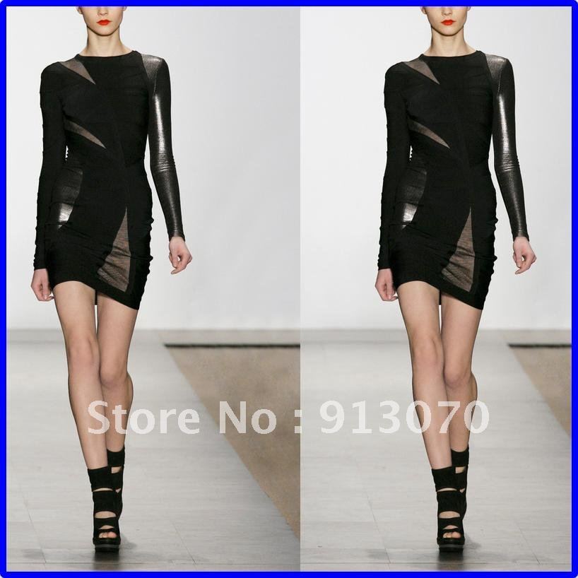 Free Shipping Black long Sleeve Elastic Bandage Mini Wholesale Celebrity Evening Party Dresses A-0806