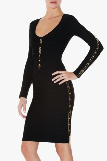 Free Shipping Black Long Sleeve Sequined Knitting Elasticity Slim Bandage Dress