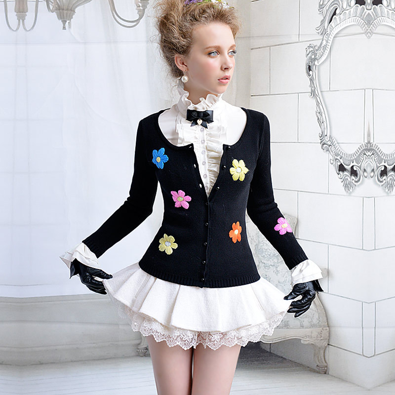 free shipping Black-matrix flower slim cardigan
