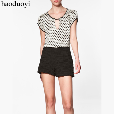 Free Shipping  black polka dot chiffon short-sleeve shirt black border puff sleeve fork blouse 6 full