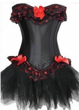 Free shipping! Black/Red Ribbon CORSET & Black tutu skirt Sexy Lingerie 8140A