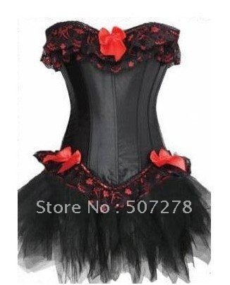 Free shipping! Black/Red Ribbon CORSET & Black tutu skirt Sexy Lingerie 8140A