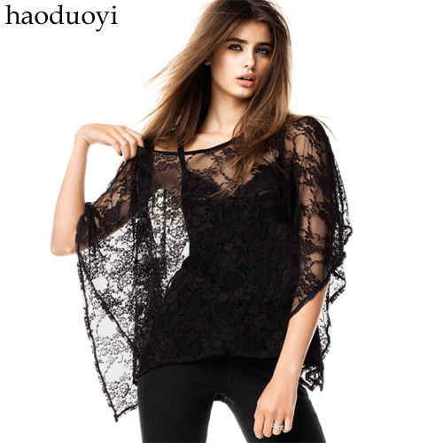 Free Shipping Black rose lace cloak batwing shirt lace top t-shirt hm6 full