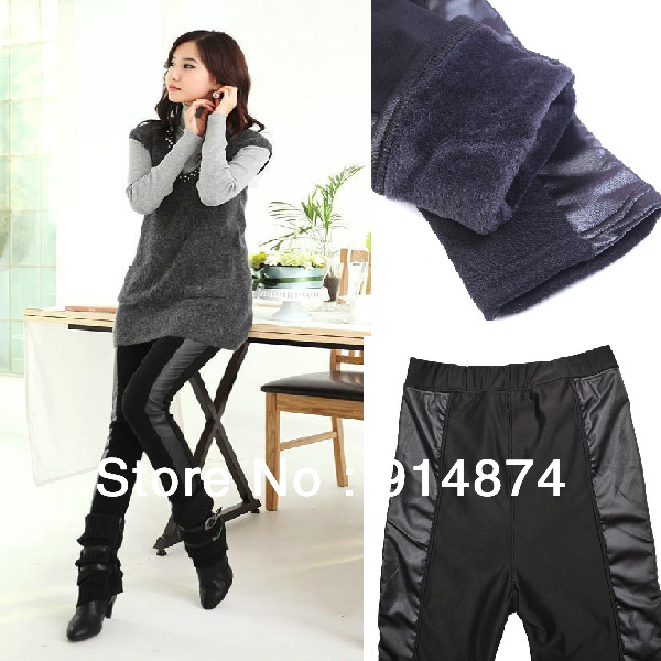 Free Shipping Black Stretchy Elastic PU Leather Pants Women Leggings High Quality Slim Trousers Winter  Fleece Lined Tights