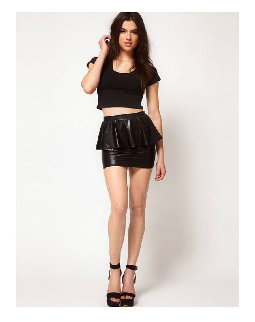 Free Shipping Black waist flounce waist PU leather skirt Mini Slim Pencil Skirt FM120179