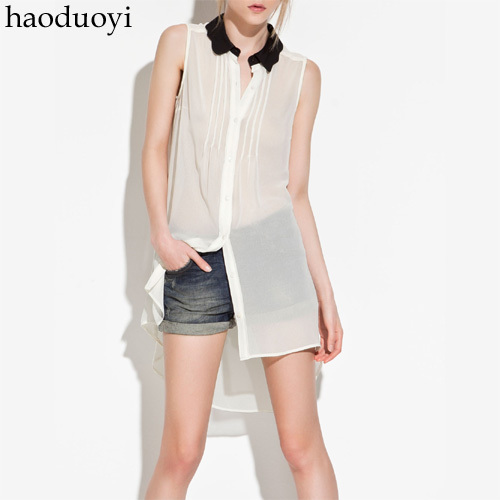 Free Shipping Black wave loose dovetail white sleeveless shirt ultralarge shirt pleated 6 full