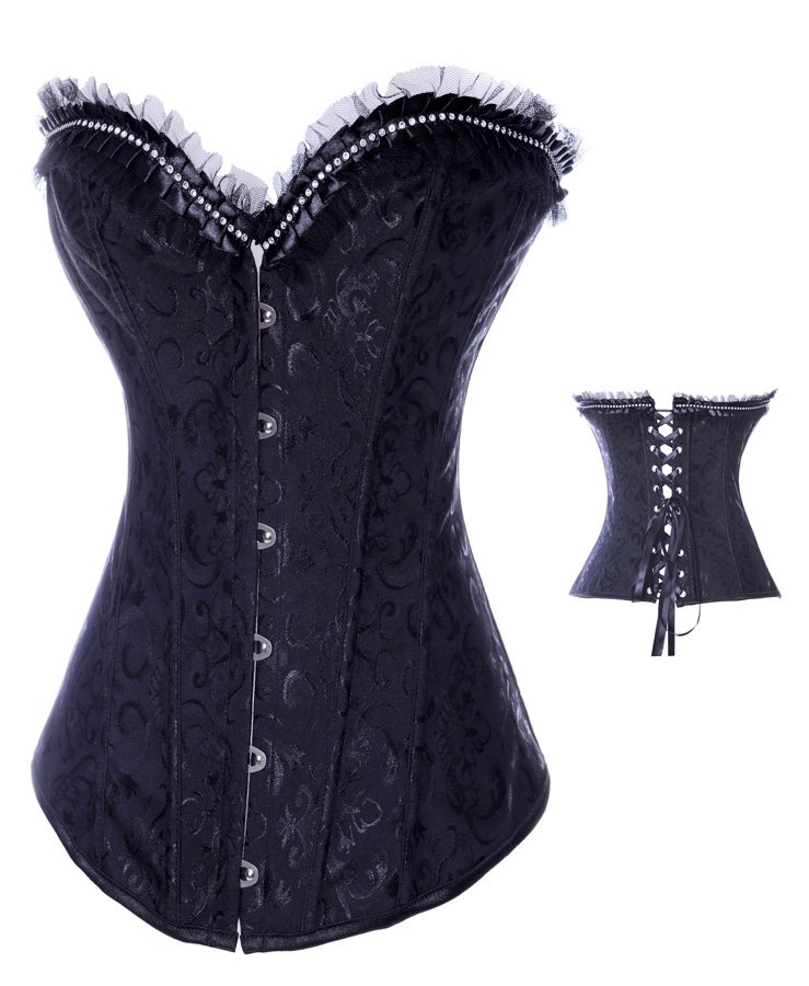 Free shipping  Black/White  lace up boned corset busiter  with lace trim and stones +G-string S-2XL