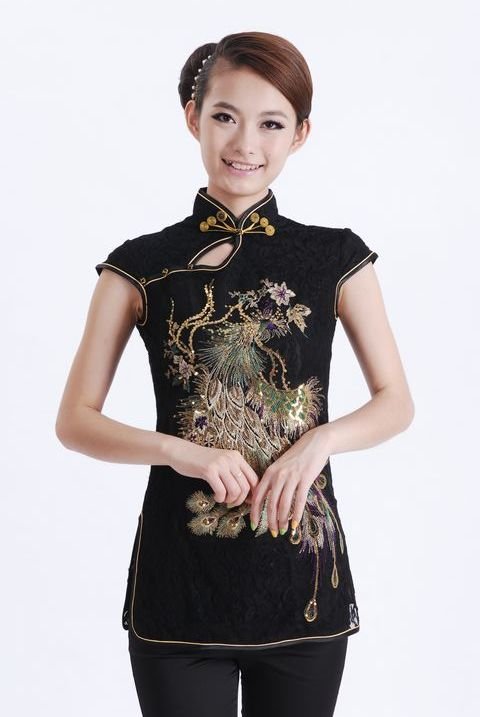 Free Shipping black Women's Lace Embroider Phenix Shirt Wholesale and retail Size S M L XL XXL XXXL A0046-A