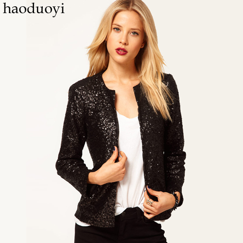 Free Shipping, Blingbling paillette long-sleeve outerwear popper o-neck blazer 3 6 full
