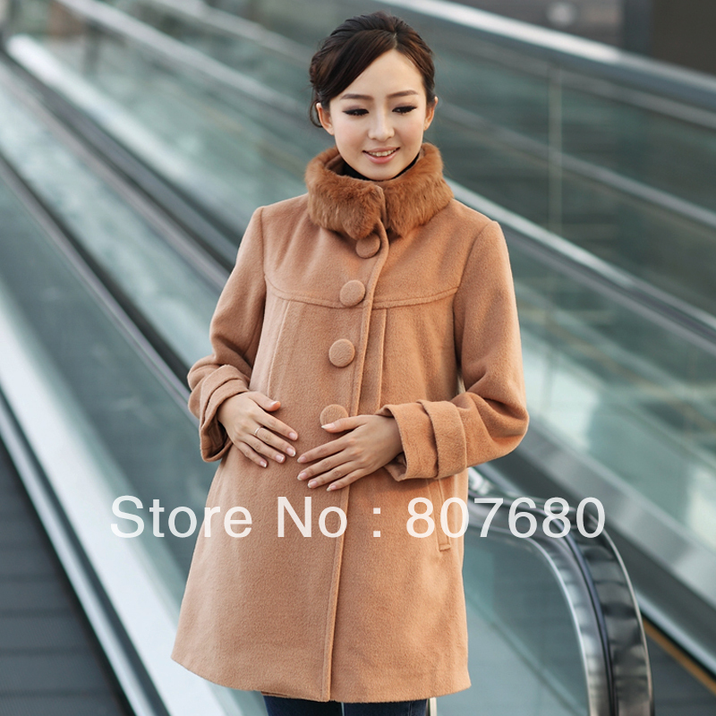 Free shipping Blmm maternity clothing 2012 winter rabbit fur stand collar wool cashmere maternity overcoat