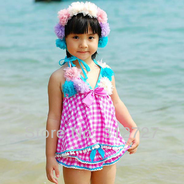 Free shipping blossom flower kid girls beach wear children swim suit bikini check Korea Style 5pcs/lot