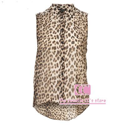 Free shipping blouse chiffon summer fashion leopard print shirt dovetail lap sleeveless slim women's blouses(XS/S/M/L/XL/XXL)