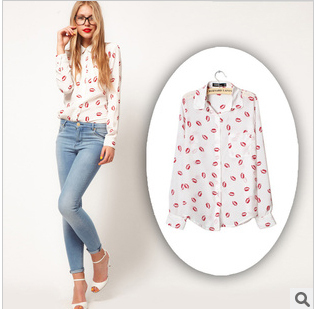 free shipping blouse new fashion 2013  ASOS style  WOMENS LONG SLEEVE Red Hot Lips Casual Shirt CHIFFON  BLOUSE