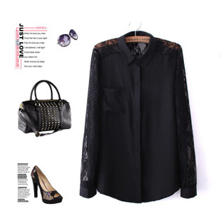 free shipping,blouses for women 2013, fashion woman spring The lapel Lace Chiffon blouses