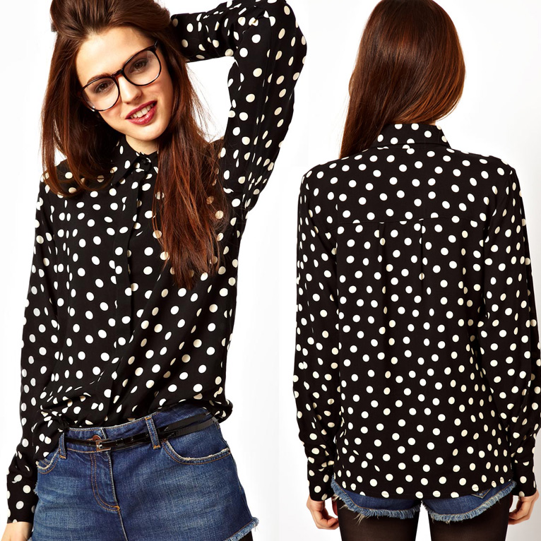 Free shipping! Blouses for women white polka dot shirt tencel cotton shirt ol popper long-sleeve shirt ladies shirts
