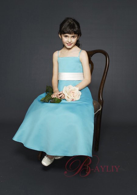 Free shipping,Blue Flower Girl Dress Ankle Length Spaghetti Straps Organza and Taffeta FG03