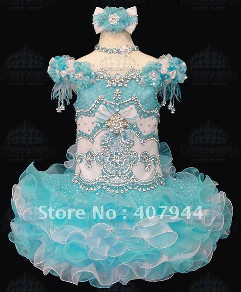Free shipping blue organza flowers mini silver beading and feathers cupcake flower girl dress/pageant girl dres