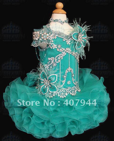 Free shipping blue organza  mini beading and feathers ball gown cupcake flower girl dress/pageant girl dres