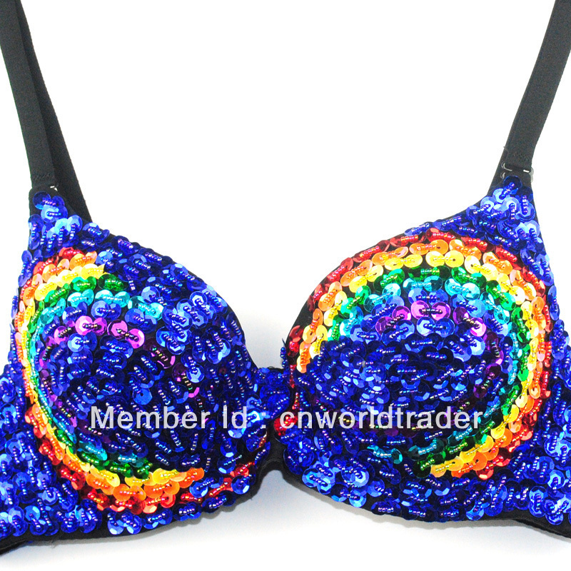 Free shipping Blue Rainbow Circle Sequi paillette embellished bra,sequin studded punk rock bra,sexy stripper wear,night club
