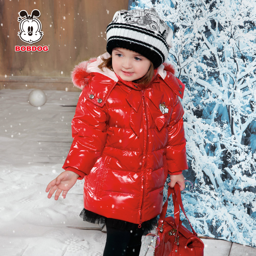 Free shipping! BOB DOG female child fashion bow with a hood fur collar candy color down coat child winter top -whb-0
