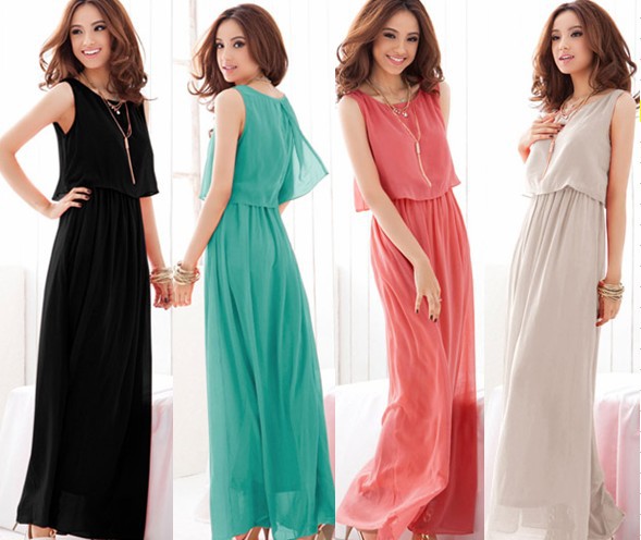 Free Shipping!!! Bohemian Style Solid Color Sleeveless Layered Chiffon Maxi Dress Black/Green/Grey/Red E- L7245