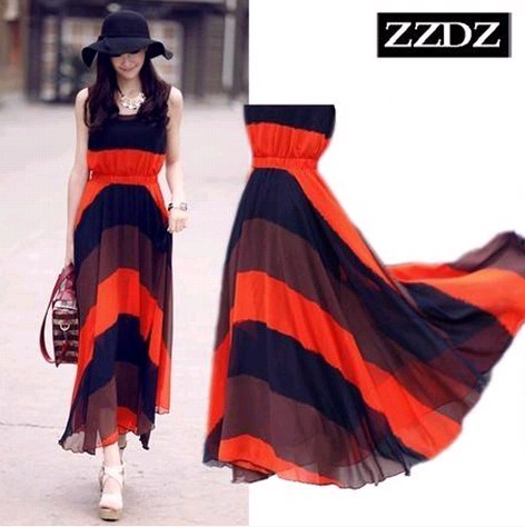 Free Shipping Boho Summer Women's Color Block Chiffon Long Pleated Stripe Sleeveless Dresses Wholesale