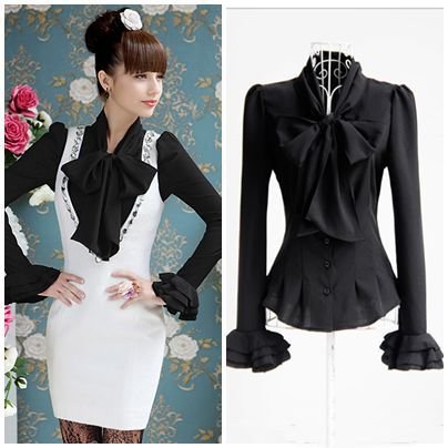 Free shipping bow solid full sleeve ladies casual slim working blouses shirts 2013 design hot selling