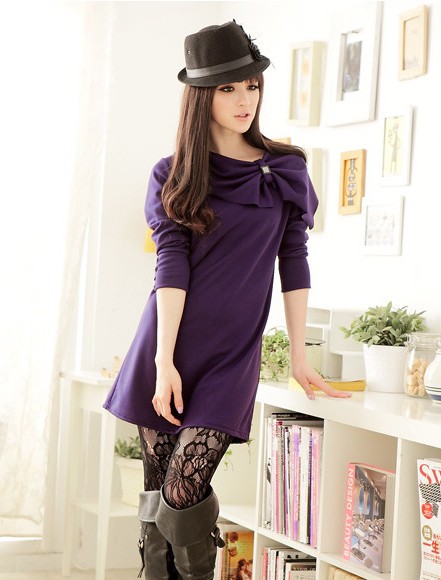 free shipping Bowknot Embellished Long Sleeve Dress Purple N10091905