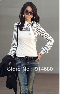 Free shipping!Bowknot frenum lantern sleeve cultivate one's morality T-shirt  Two color Free Size