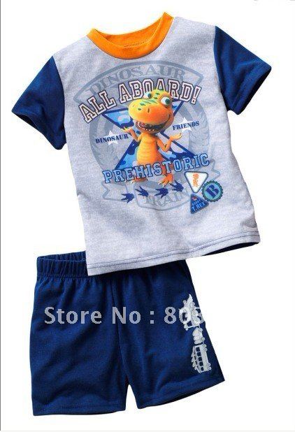 free shipping boy Blue small dinosaurs pajamas 2pcs/set