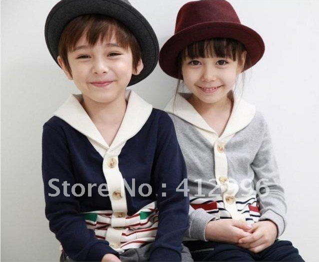 Free shipping boys and girls cardigan the casual striped lapel  jacket 2 color 5pcs/lot