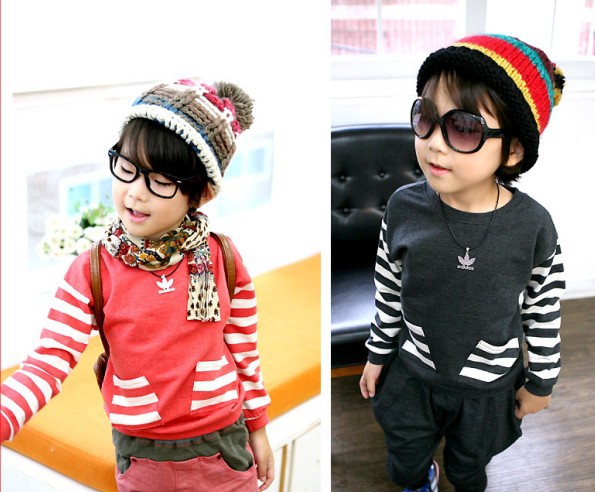 Free shipping Boys and girls cotton terry sweater striped pocket sweater Korean version of spring models of child