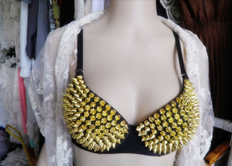 FREE SHIPPING Bra Women Party Disco All-over Spike Stud Design Bra Metallic Punk Dance Bra