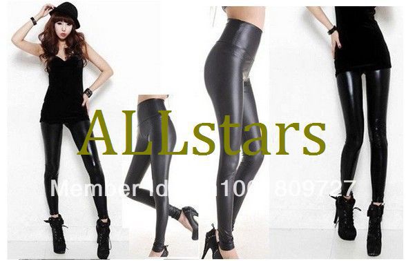 Free shipping Brand New 2013 Fashion WOMAN Shiny Metallic High Waist Black Stretchy Leather Leggings/Tights/Pants D-24