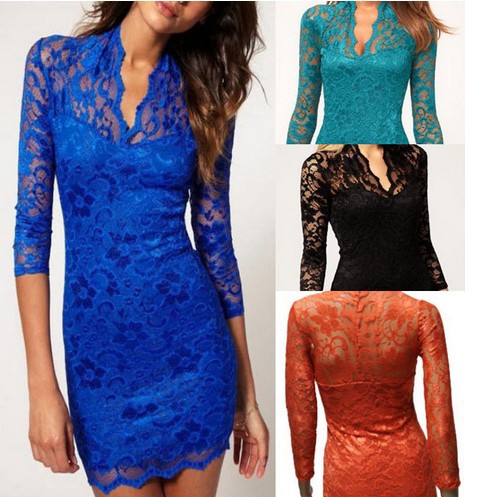 FREE SHIPPING BRAND NEW Hot Fashion Women LACE SLIM V-NECK 3/4 SLEEVE DRESS 8 Color