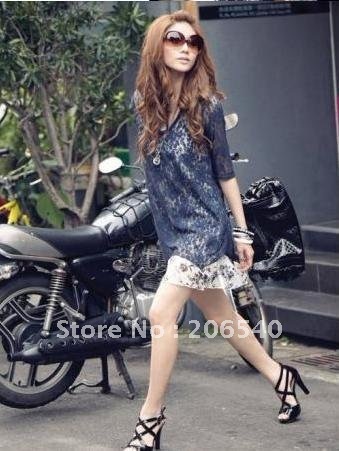 Free shipping brand new Korean Fashion Womens Two-Piece Chiffon Lace Two-piece Asymmetric Casual Dress