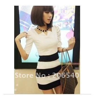 free shipping brand new Women Korea Stripes Puff Sleeve Spliced Mini Dress XS-S