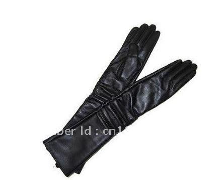 free shipping brand new women's 50CM sheepskin long black leather gloves#2