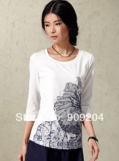 Free shipping Brand Suorang  The classic elegant the ink smudges stereo Suxiu superfine long staple Sleeve T-shirt 182013122