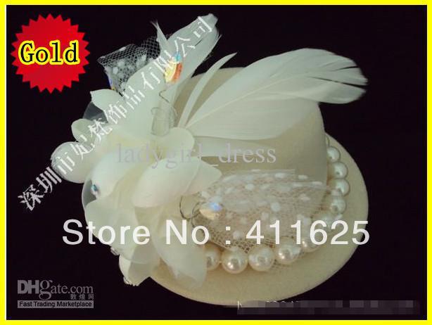 Free Shipping Bridal Hats Ivory Gold Pink Hat Detachable Crystal Feather Flower Fresh Pearls Cente