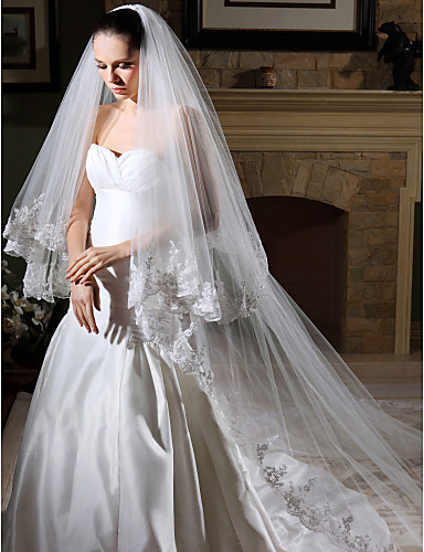 Free Shipping Bridal Veil Cathedral With Lace/ Beading Wedding Veil / Wedding birdcage Prinipal yarn 2013 New Design
