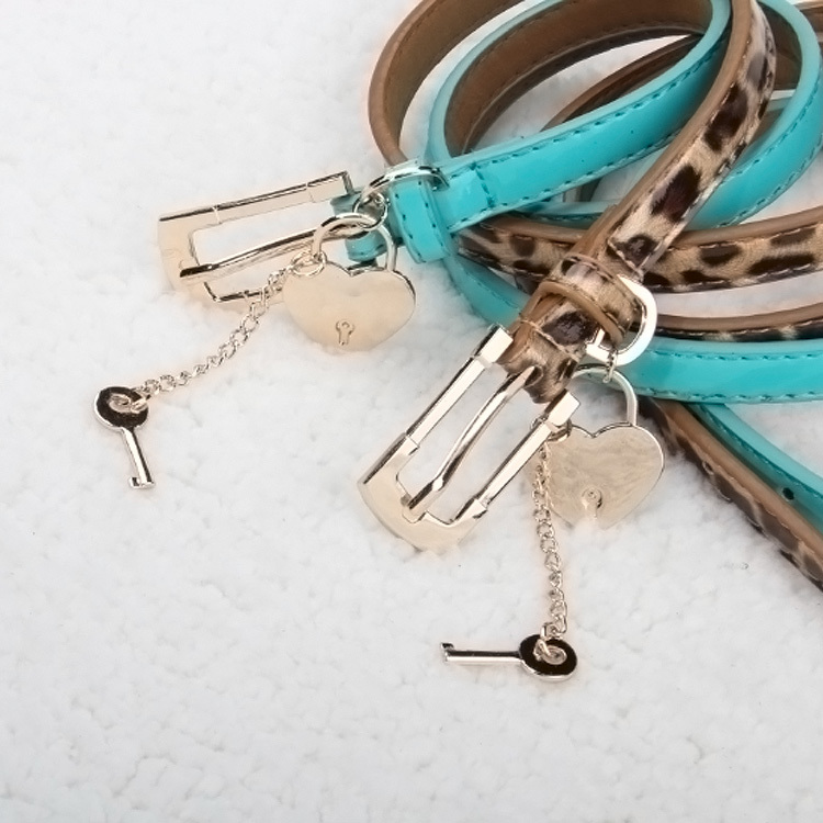 Free Shipping Brief all-match sweet candy color thin belt heart key lock japanned leather women's strap