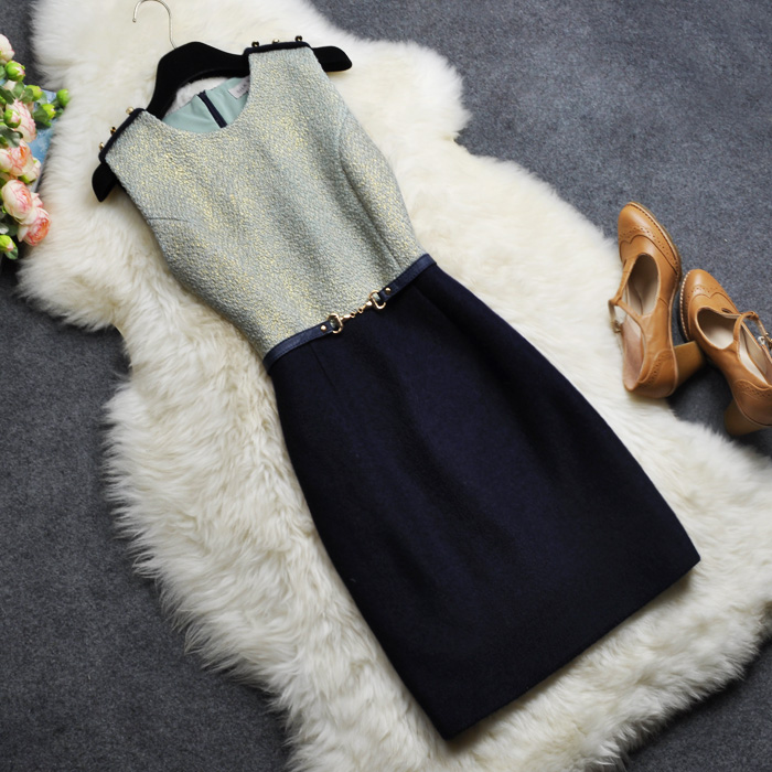 FREE SHIPPING   Brief ol formal gentlewomen slim leather belly chain woolen one-piece dress tank dress
