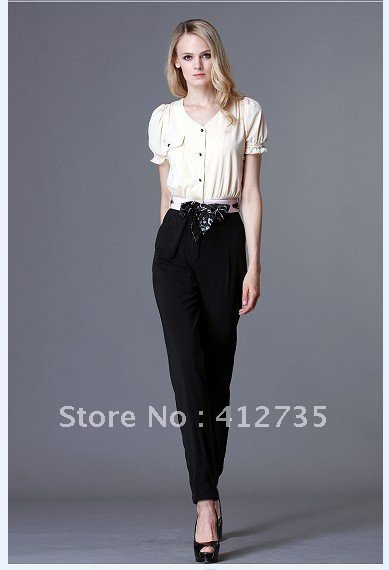 Free Shipping!  Buckle fitted short-sleeved V-neck hit the color thin piece pants